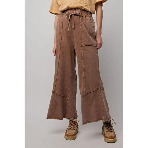 easel Pants - Easel Washed Terry Knit Wide Leg Boho Bohemian Pants in Choco Brown S-L EB40706